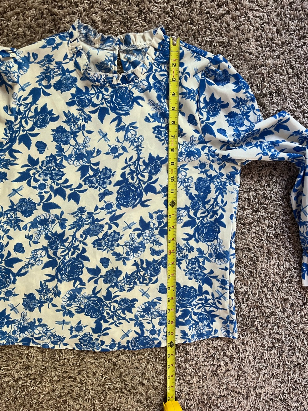 SHEIN Blue White Floral Ruffle Neck Long Sleeve Blouse Top Size 6 M - Picture 4 of 5